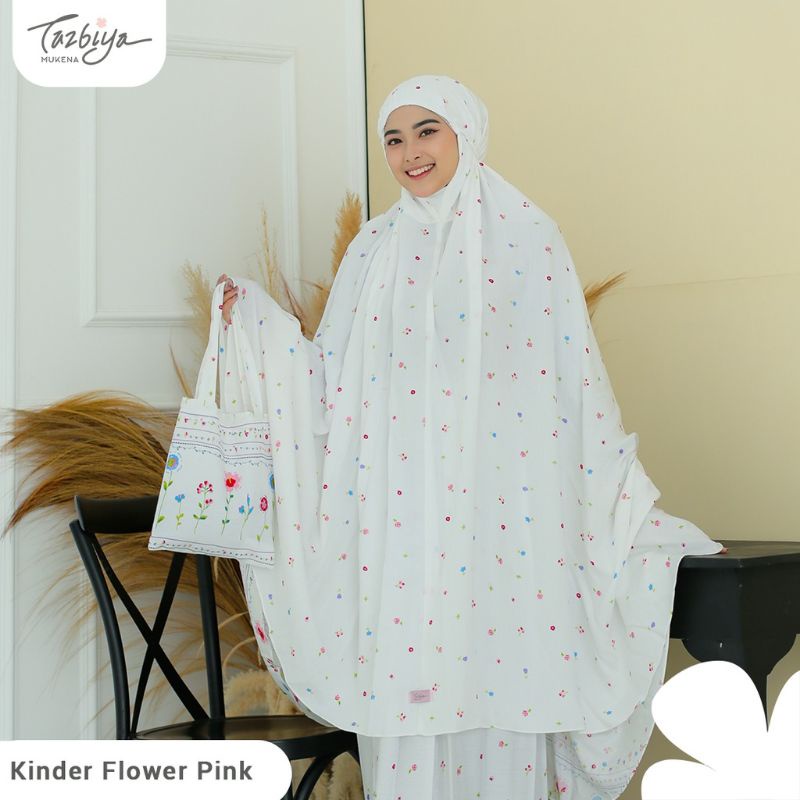 Mukena Tazbiya Kinder Flower Pink/Yellow Jumbo Dewasa Katun Rayon Adem Motif Cantik Treveling