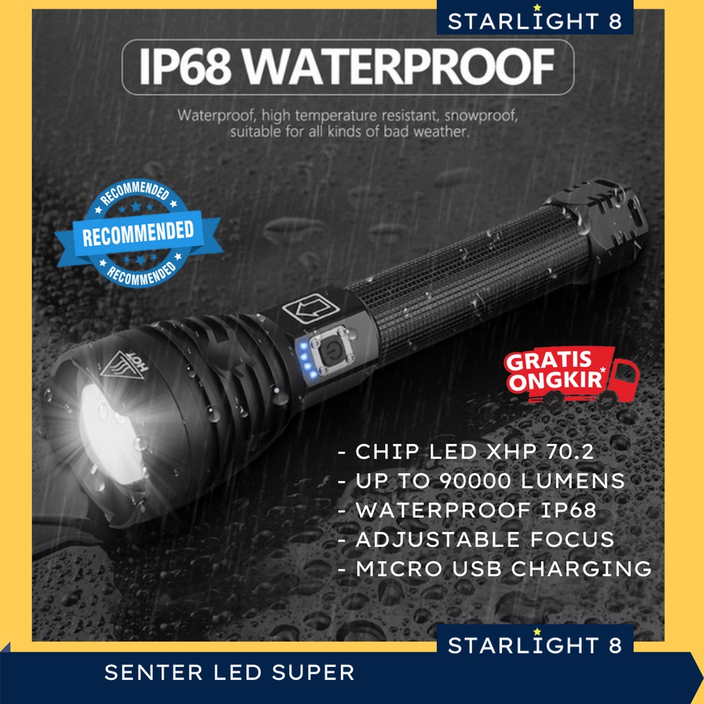 Senter LED Super Terang Jarak Jauh Zoom 90000 Lumen Waterproof Rechargeable