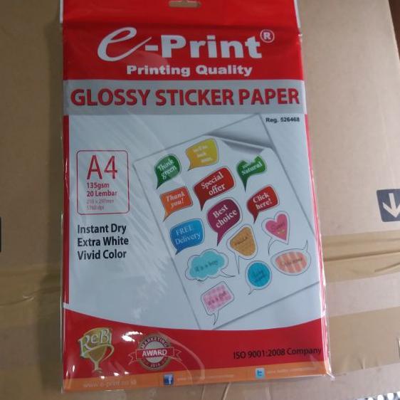 

➥ Glossy Sticker Paper E- Print 135Gsm / Kertas Stiker Glossy E-Print ✯