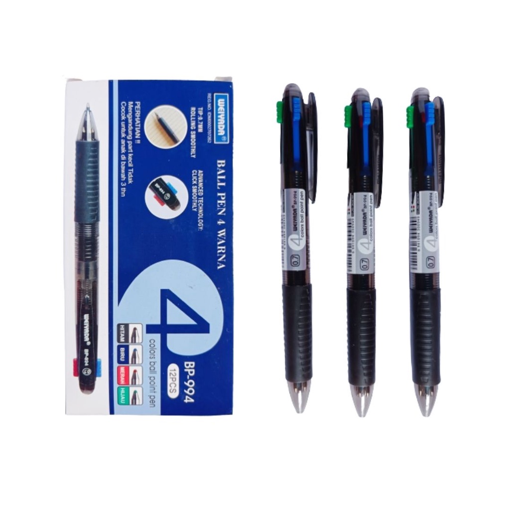 

Pulpen Bulpen Pen BallPen Pena Weiyada Original Cetekan 4 Warna Hitam Biru Merah Hijau Kantoran 0,7
