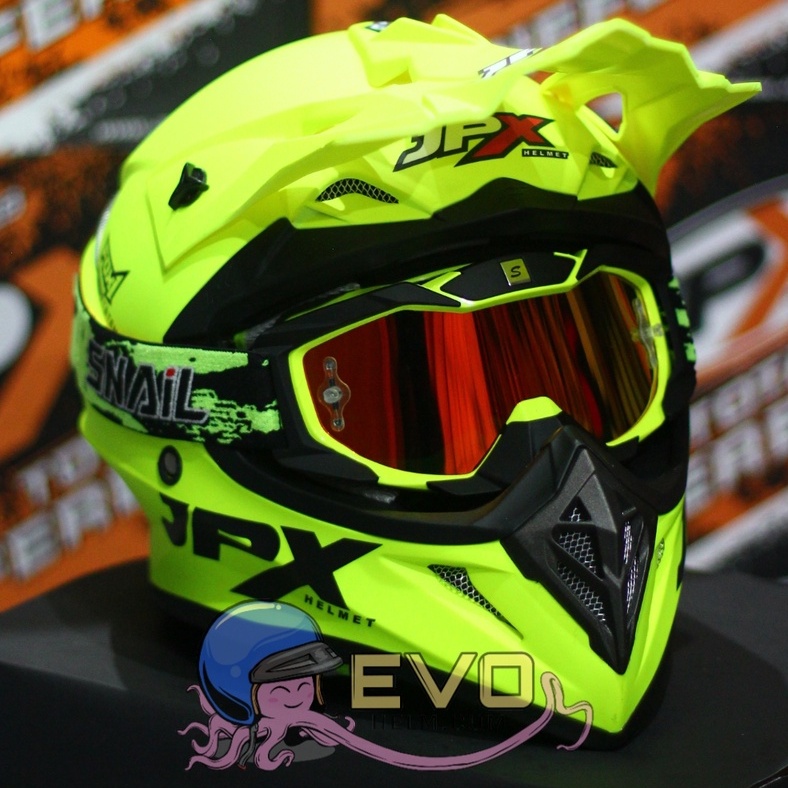 HELM JPX CROSS_SOLID - FLUO YELLOW DOFF / BLACK + GOOGLE SNAIL (ONGKIR 2 KG) HELM JPX TERBARU