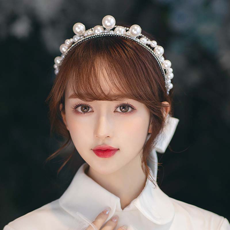 Bandana Bahan Alloy Aksen Mutiara Berlian Imitasi Gaya Korea Untuk Aksesoris Rambut Pengantin Wanita