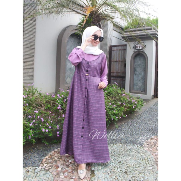 Gamis Melani motif kotak original anq jahitan rapi katun semiwoll Dress umbrella motif premium busui modis baju muslim hits ootd fashion muslim