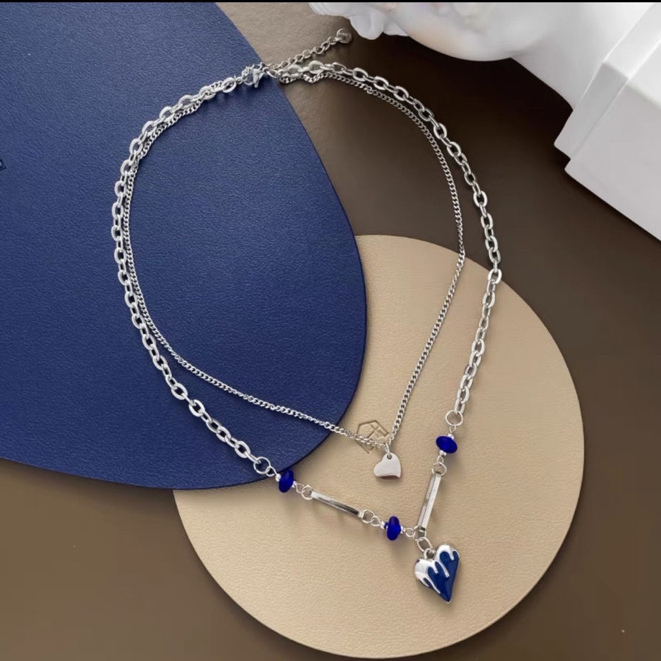 Klein Kalung Rantai Ganda Dengan Liontin Hati Warna Biru Untuk Wanita