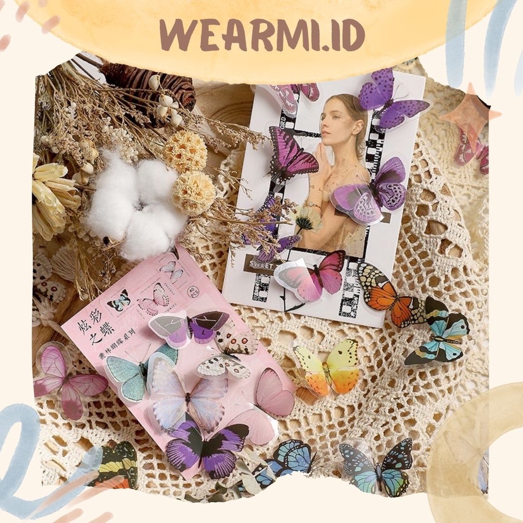

40 pcs Sticker Pack Pet Kupu kupu Butterfly Colorfull Aesthetic Scrapbook Jurnal Bujo DIY Wearmi
