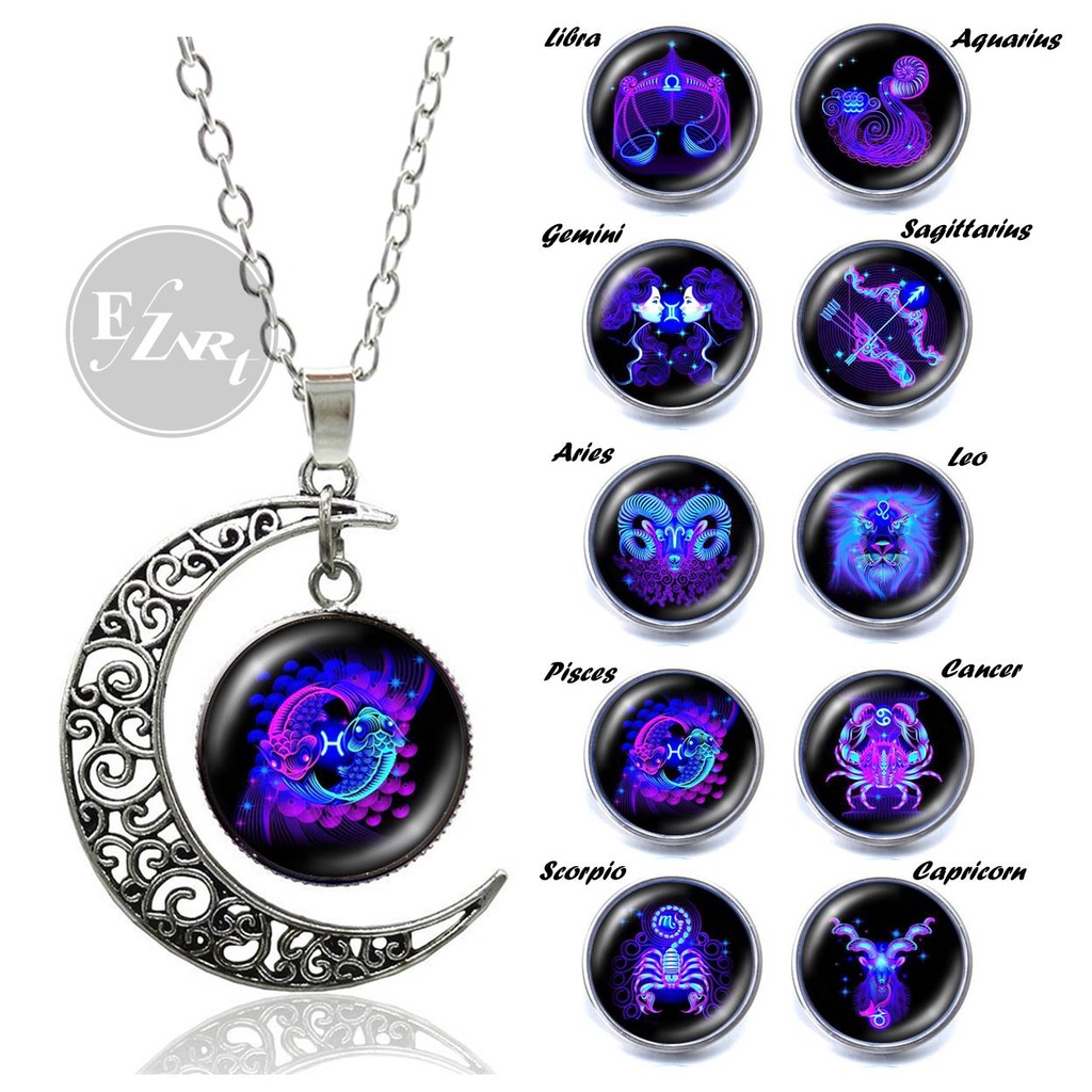 KALUNG ZODIAK LIONTIN BULAN SABIT KACA BULAT CEMBUNG RANTAI STAINLESS STEEL ZODIAC NEON BIRU