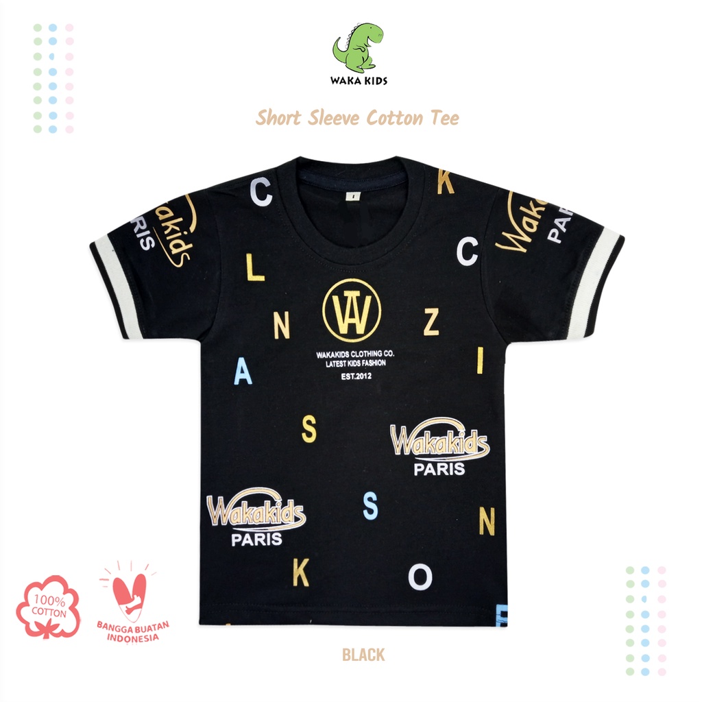 Wakakids Baju Atasan Oblong Lengan Pendek Kaos Anak Laki Laki Usia 1 - 4 Tahun Motif Waka Kids Paris