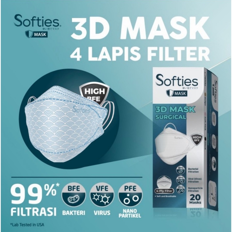 SOFTIES 3D MASK SURGICAL EARLOOP 4 PLY ISI 20PC WARNA PUTIH / MASKER KF94 CONVEX / MASKER MEDIS