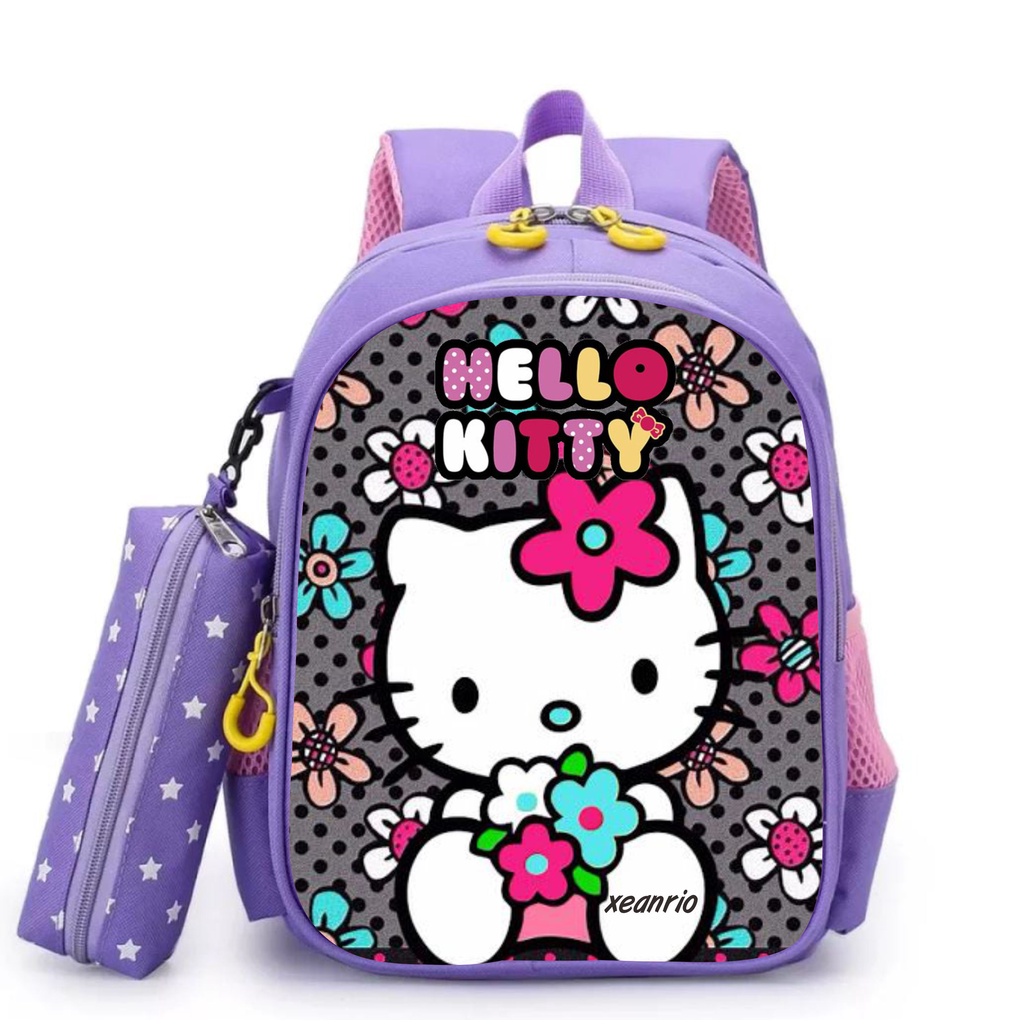 Tas Ransel Sekolah Anak Perempuan TK dan SD PREMIUM Karakter HELLO KITTY Flower 2in1 Bonus Tempat Pensil Terbaru 2022 Bisa COD