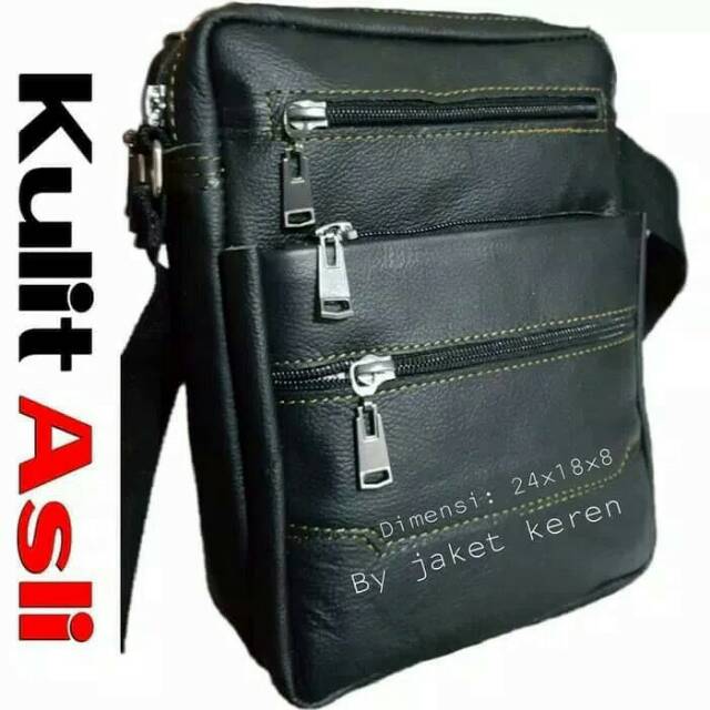 Tas Selempang Pria Model Lacoste Slempang Murah Kulit Asli - Hitam