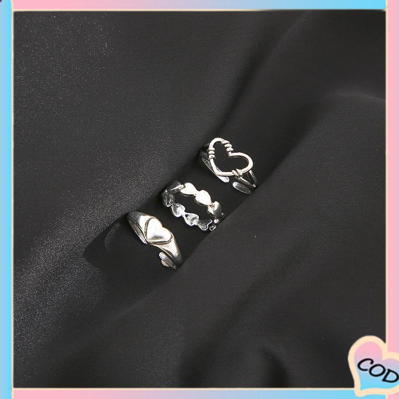 COD❤️3pcs Cincin Model Terbuka Desain Gelombang Hati Warna Silver Gaya Vintage Untuk Wanita-A.one