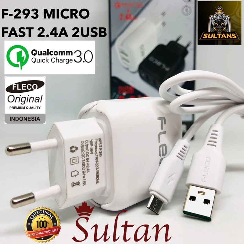 grosir charger tc fleco f293 original 18w 2usb micro type c smart power fast charging