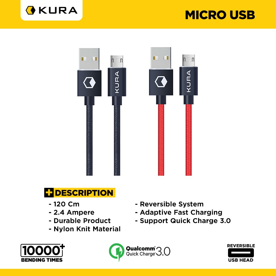 KURA Nylon Tough Cable Fast Charging - Kabel Data Micro USB