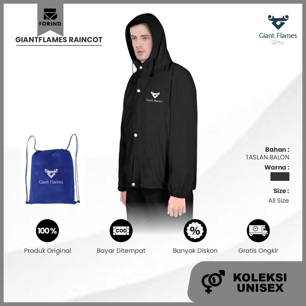 Endora Black | Jas Hujan Kantung Kangguru Raincoat Rain Coat Jas Ujan Jaket Anti Rembes Tembus COD Kekinian Terlaris Best Seller | FORIND x Giant Flames