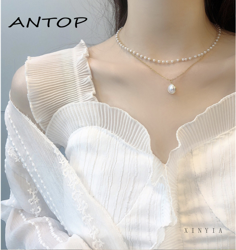 Fashion Retro Mutiara Logam Gaya Korea Kunci Kalung Multilayer Liontin Wanita Rantai Emas Kalung Perhiasan Aksesoris ANTOP