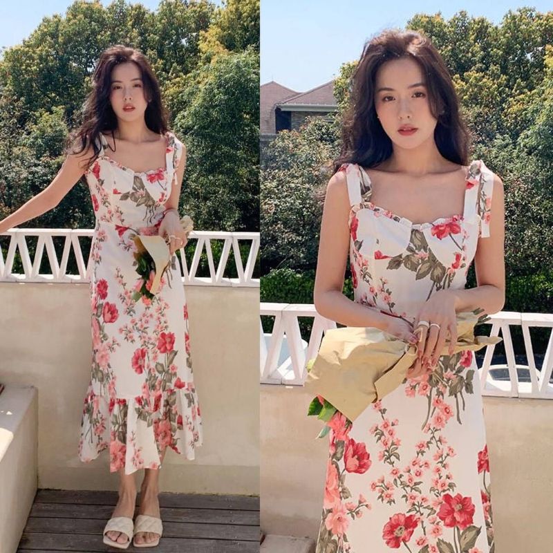 Korean dress Dress import Dress motif bunga Midi dress (D9795)