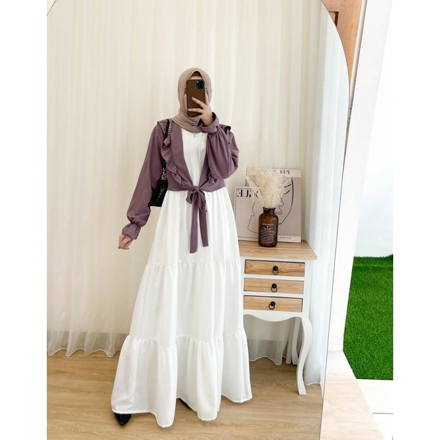 SAKURA set Dress kutung inner dan outer pisah gamis cantik warna pastel gamis putih polos