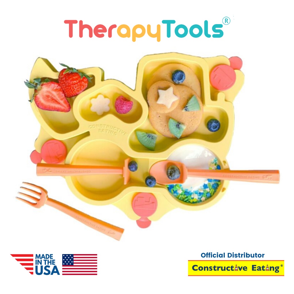 Constructive Eating - Constructive Baby Construction, set lengkap alat makan lucu cute bayi premium cocok hampers / kado isi 5 pcs (sendok, garpu, piring, pusher, tatakan) made in USA - Therapy Tools