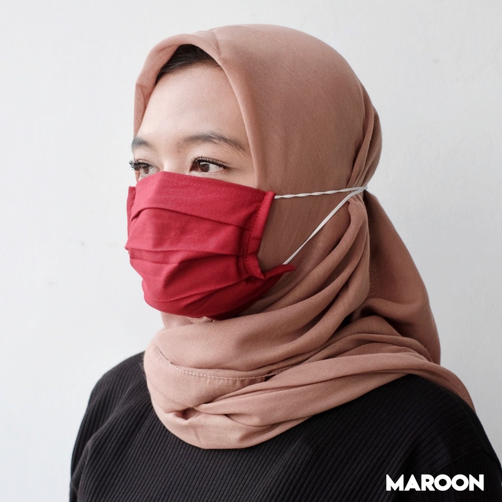 Masker Kain Hijab Polos Headloop Tali Karet 1ply - Merah Maroon