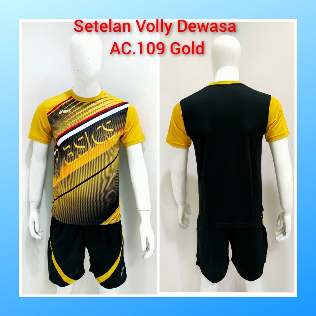 jersey volly pria kaos voli baju bola dan celana setelan wanita dewasa t-shirt outfit seragam jarsey kostum olahraga custom pakaian apparel sport jersy volley ball casual jersi suit AC109 gold