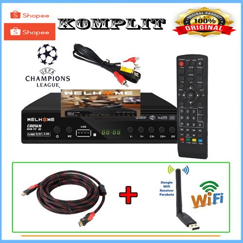 PAKET DVBT2 PENERIMA SIARAN TELEVISI DIGITAL - SET TOP BOX TV DIGITAL WELHOME FREE DONGLE+CABEL HDMI PROMO