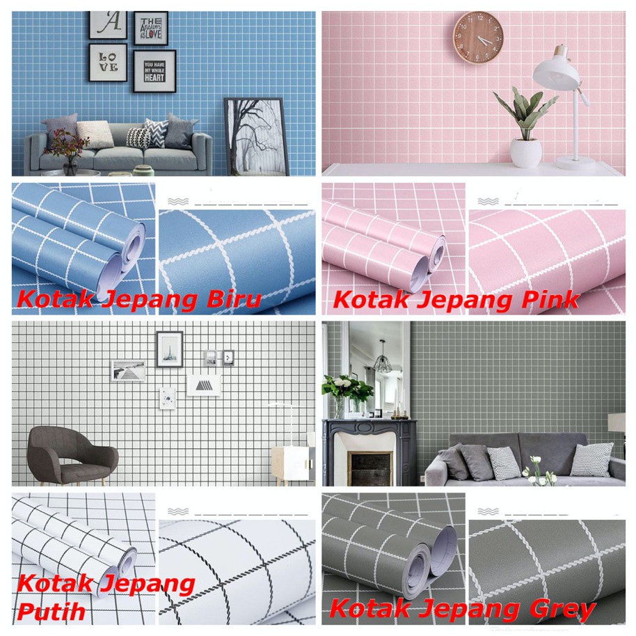 COD - WALLPAPER DINDING KOTAK SQUARE MINIMALIS ALA JEPANG BIRU PUTIH GREY PINK