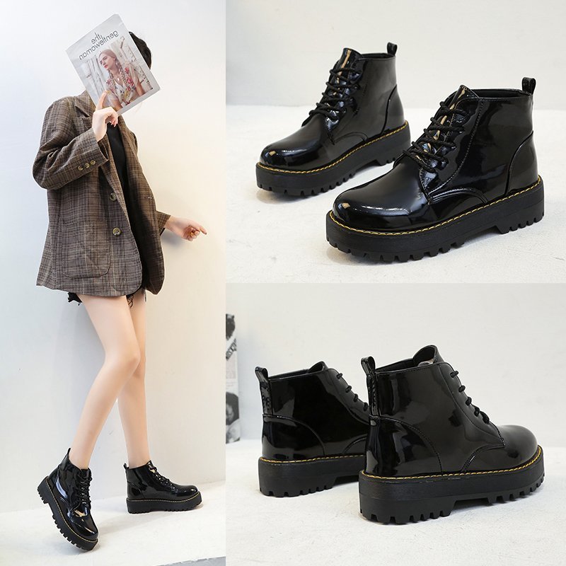 Sepatu Boots Wanita Martin Model British untuk  Glossy PU leather hitam+heel 4cm (Kotak sepatu gratis)