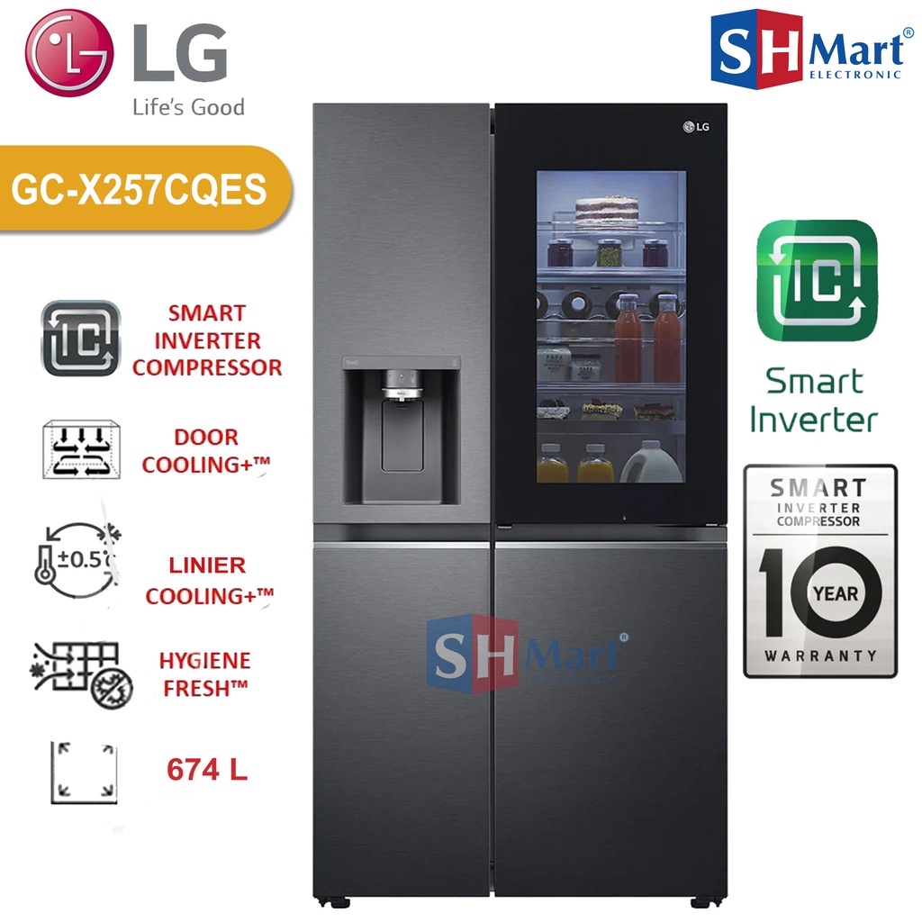 KULKAS LG SIDE BY SIDE GCX257CQES KAPASITAS 674 LITER INSTAVIEW DOOR IN DOOR WITH DISPENSER UVNANO