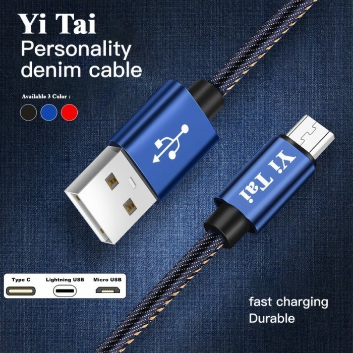 KABEL DATA DENIM MICRO USB TYPE C LIGHTNING YITAI 2 METER - GA