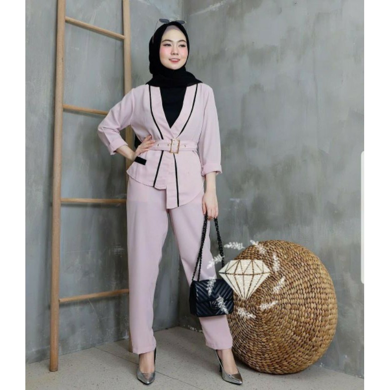 PCS SET BLAZER OLIVER BAHAN MOSCREPE SETELAN WANITA ATASAN OUTER DAN CELANA KR ADA VIDEO REVIEW PRODUK