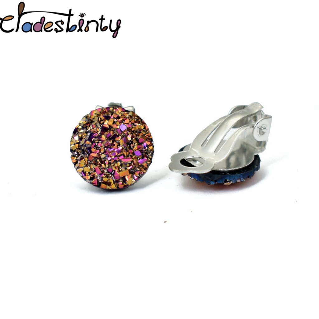 Chadestinty Anting Klip Tanpa Tindik Bentuk Bulat Bahan Resin Warna Silver / Biru / Putih Untuk Wanita