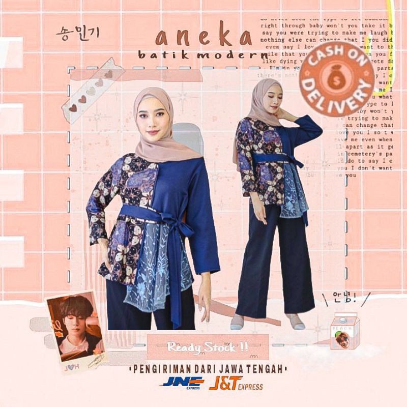 ATASAN BAJU BATIK MIX TILLE MODERN FORMAL RESMI KERJA KONDANGAN NAVY BIRU DONGKER JUMBO XXL