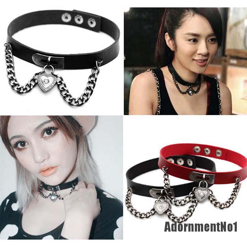 (Adornmentno1) Kalung Choker Bahan Kulit Aksen Rivet + Hati Gaya Punk / Gothic Untuk Wanita