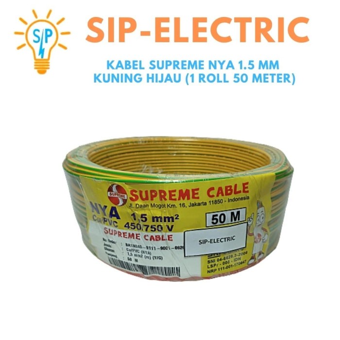 Kabel Roll - Kabel Supreme Nya 1.5 Mm Kuning Hijau (1 Roll 50 Meter)