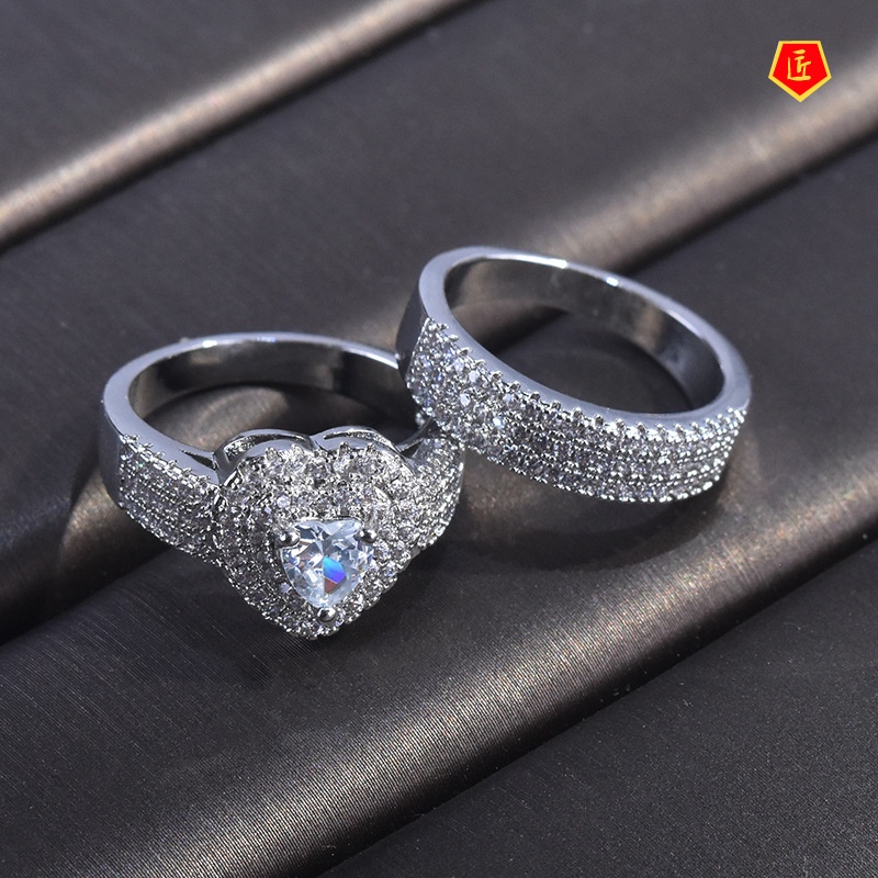 [Ready Stock]Luxury Fashion Shining Full Diamond Heart-Shaped Ring Set 18K Platinum