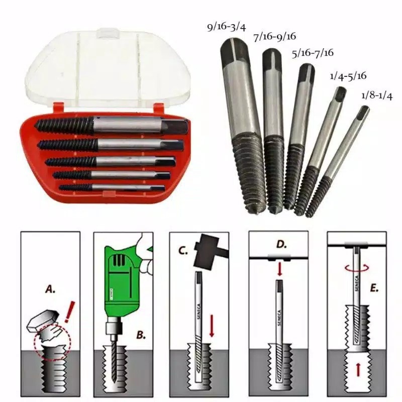 Tap Broken Wire Screw Extractor Pembuka Drat Baut Patah Set 5 pcs