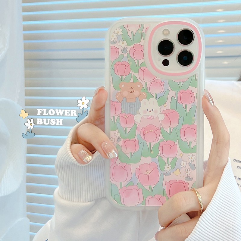 Lucu Tulip Bear &amp; Kelinci Ins Pretty Big Eyes Silicone Soft Case IPhone 7 8 Plus X XR XS Max IPhone 11 Pro Max 12 13 Pro Max SE 2020 Cover