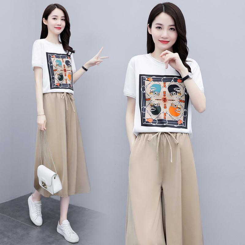 Stok bersih Setelan Wanita 2Pcs Kaos Sablon Bunga Lengan Pendek Katun + Kasual Celana Lebar Longgar Set