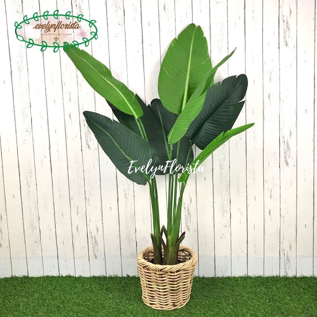 Pohon Daun Pisang T120 Latex Artificial Cover Pot Keranjang Rotan Bulat Tanaman Hias Aesthetic Dekor