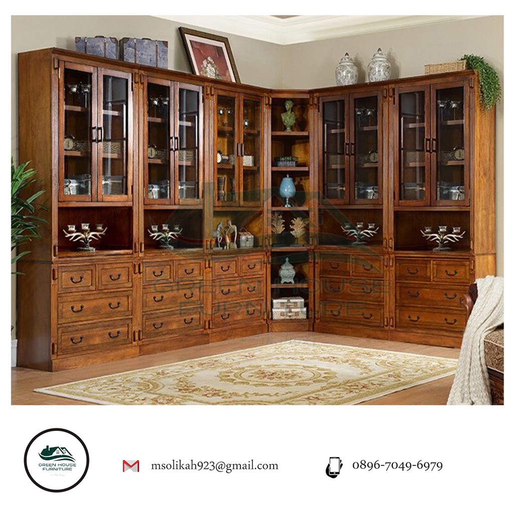 Green house furniture almari buku lemari hiyas bookcase Rak buku kayu solid rak buku klasik kombinas