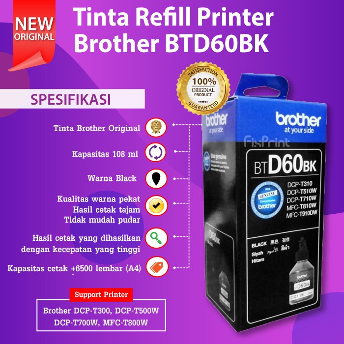 Tinta Brother BTD60bk D60bk D60 Black BT5000 Cyan Magenta Yellow Ori