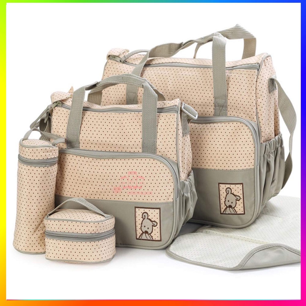 Tas Perlengakapan Bayi 5in1 / 1 Set Tas Bayi 5 in 1 Diaper Baby Bag Set Tas Multifungsi Storage Bag Organizer Organiser Tas Botol Minum Tas Makanan Tas Serbaguna Tas Besar Tas Kecil Popok Bayi Perlak Diapers Mom Bag Food Kado Tas - Warna Acak