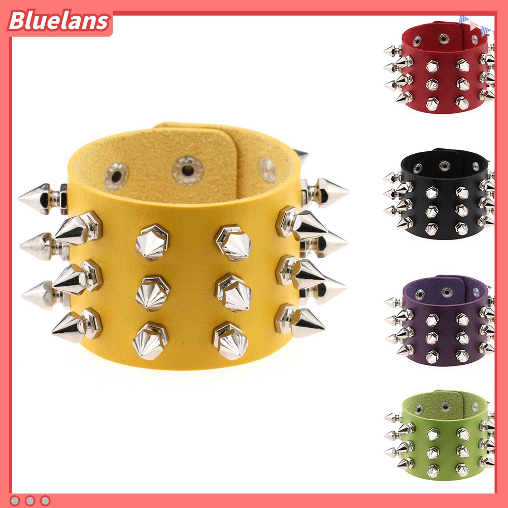 Bluelans Gelang Tangan Kulit Imitasi Aksen Rivet Kerucut Stainless Steel Gaya Punk Untuk Wanita