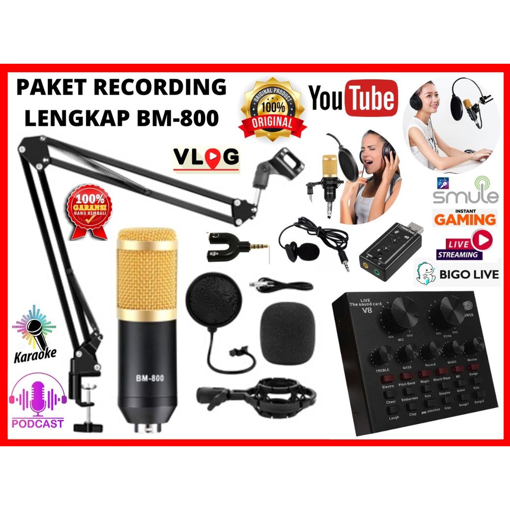 PAKET RECORDING LENGKAP Microphone Mic Condenser BM 800 Stand Mic BM-800 BM800 Soundcard V8U PR_4