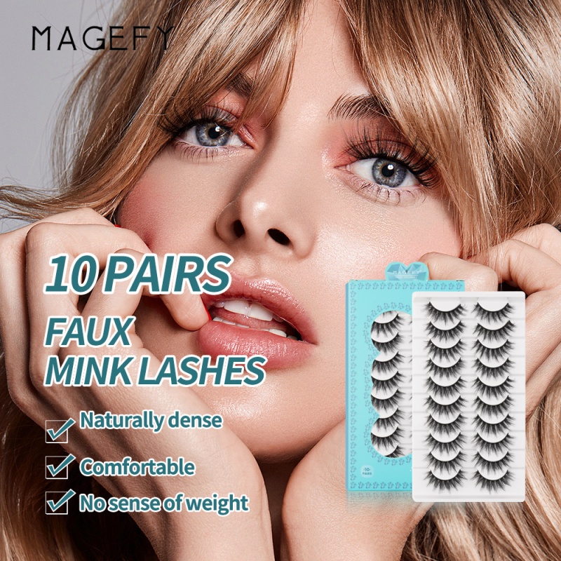 MAGEFY Box of 10 pairs of eyelashes pure handmade 3D imitation mink hair, natural slender, dense curls Fake eyelashes MGY7189