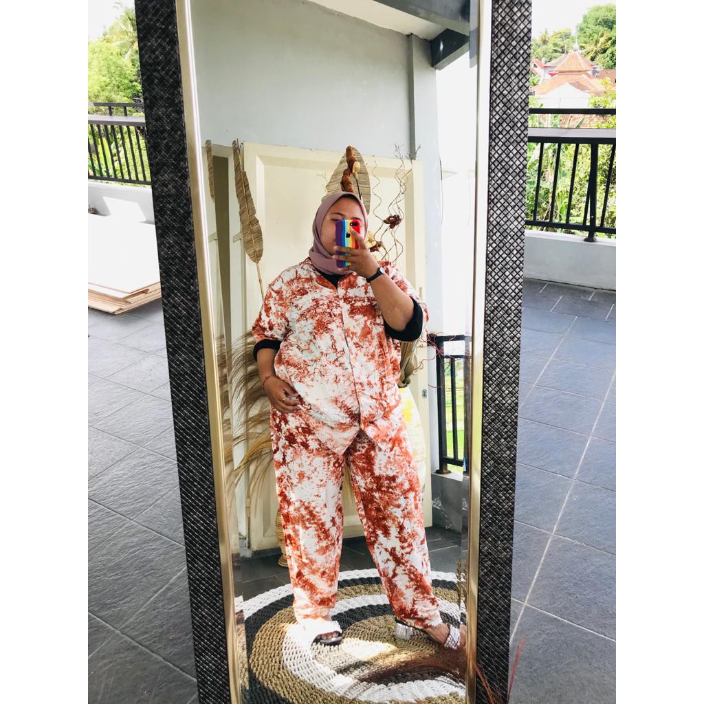 One Set Tie Dye Wanita LD 110 120 130 Bahan Rayon Piyama Pria Lengan Pendek Setelan Jumbo Tie Dye-2