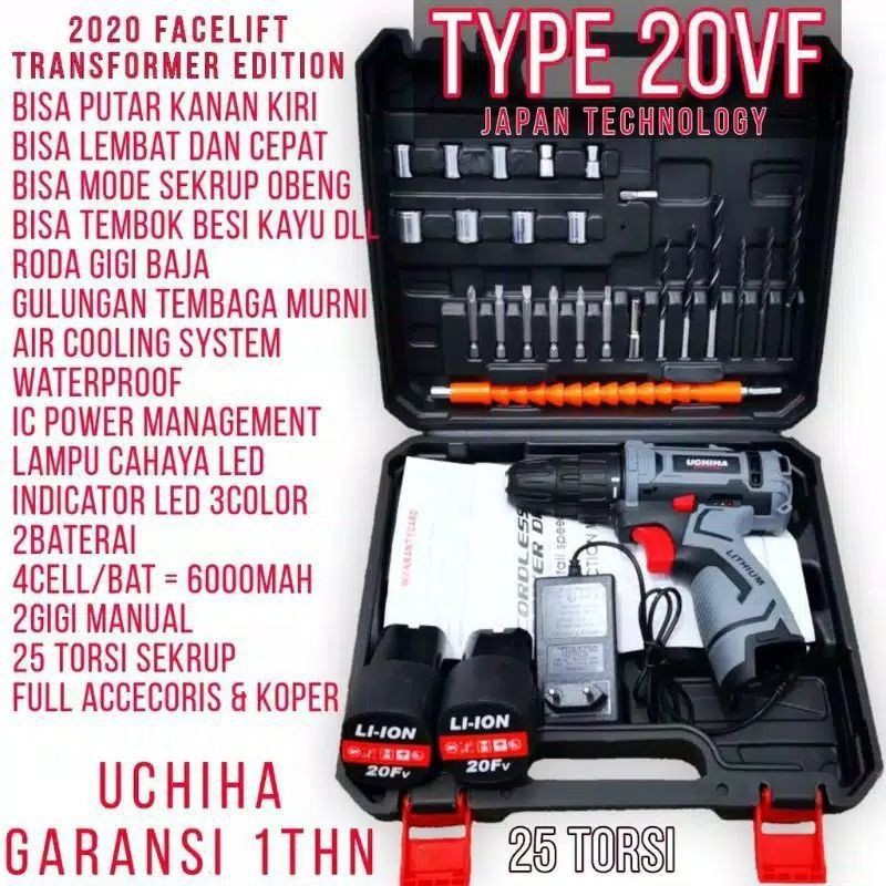 Mesin bor baterai cordless 20volt besi tembok kayu uchiha promo