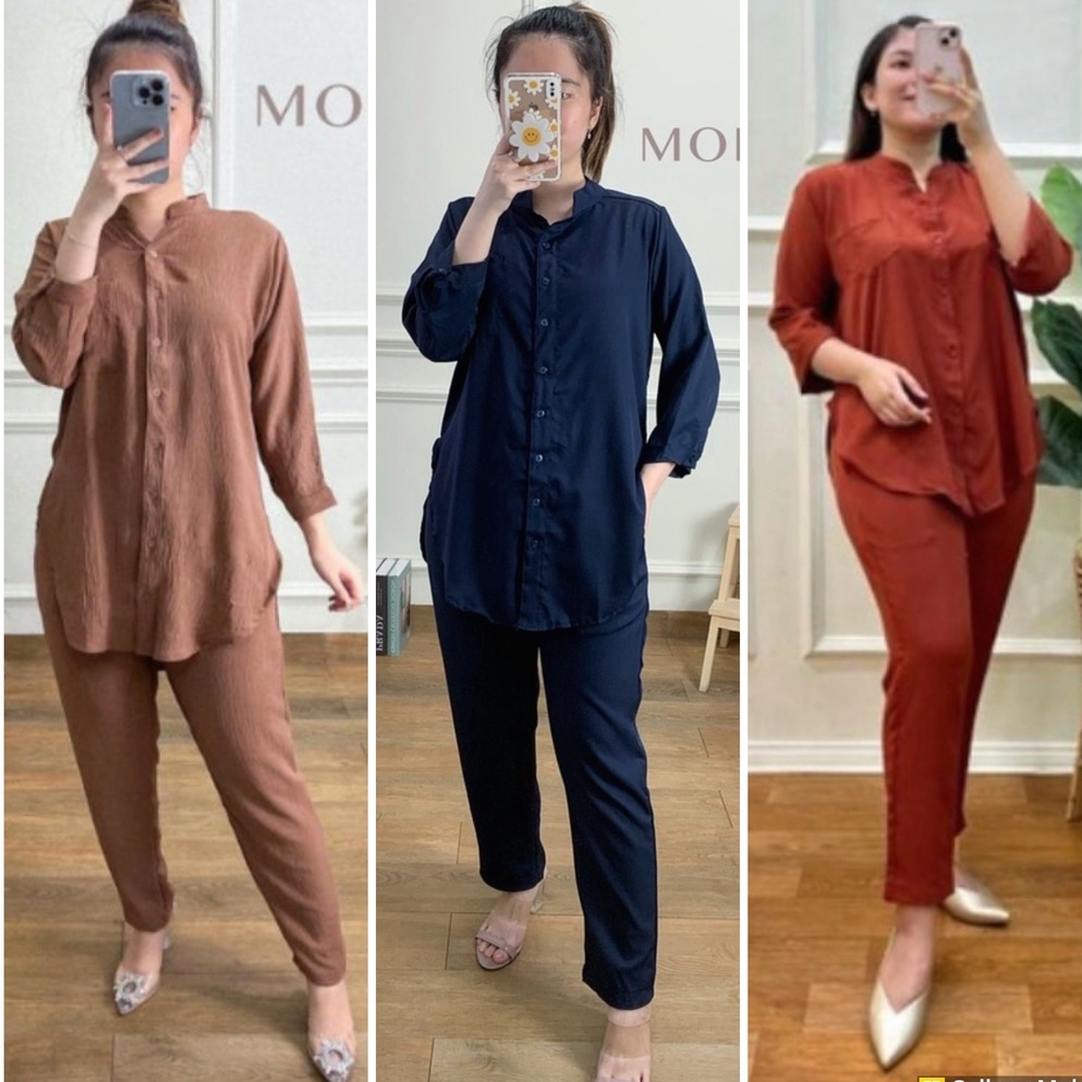 AMY SETELAN CRINKLE AIRFLOW ONE SET KEMEJA POLOS PIYAMA PAJAMAS POLOS TERBARU