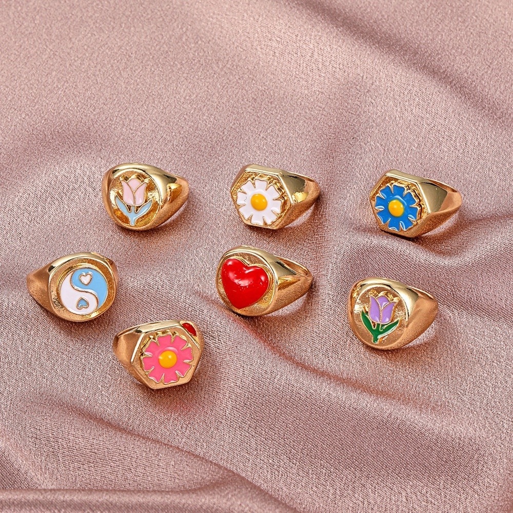 Creative Geometric Sweet Flower Ring Retro Multicolor Love Ring Fashion Index Finger Ring Accessories Female