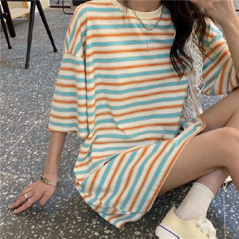 MDLV ~ 9349 Stripe OversizeTee Oversize Premium Oversize Import Atasan Big size Kaos Oversize Import Fashion cewek Fashion Wanita Fashion Import